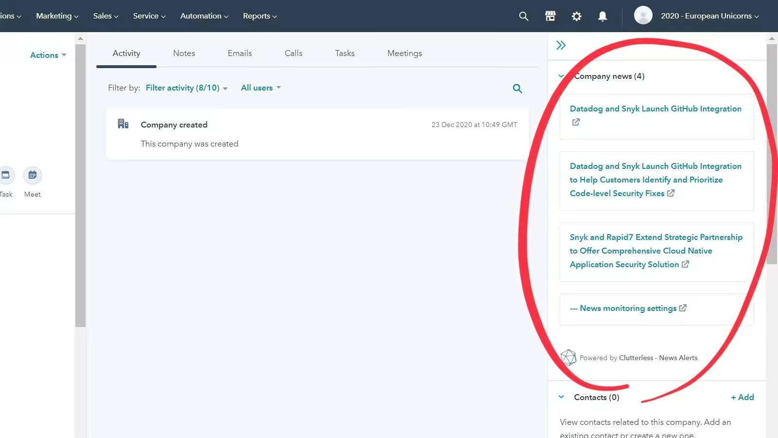 The most recent news headlines will automatically show up on your HubSpot CRM company pages interface through CRM cards API