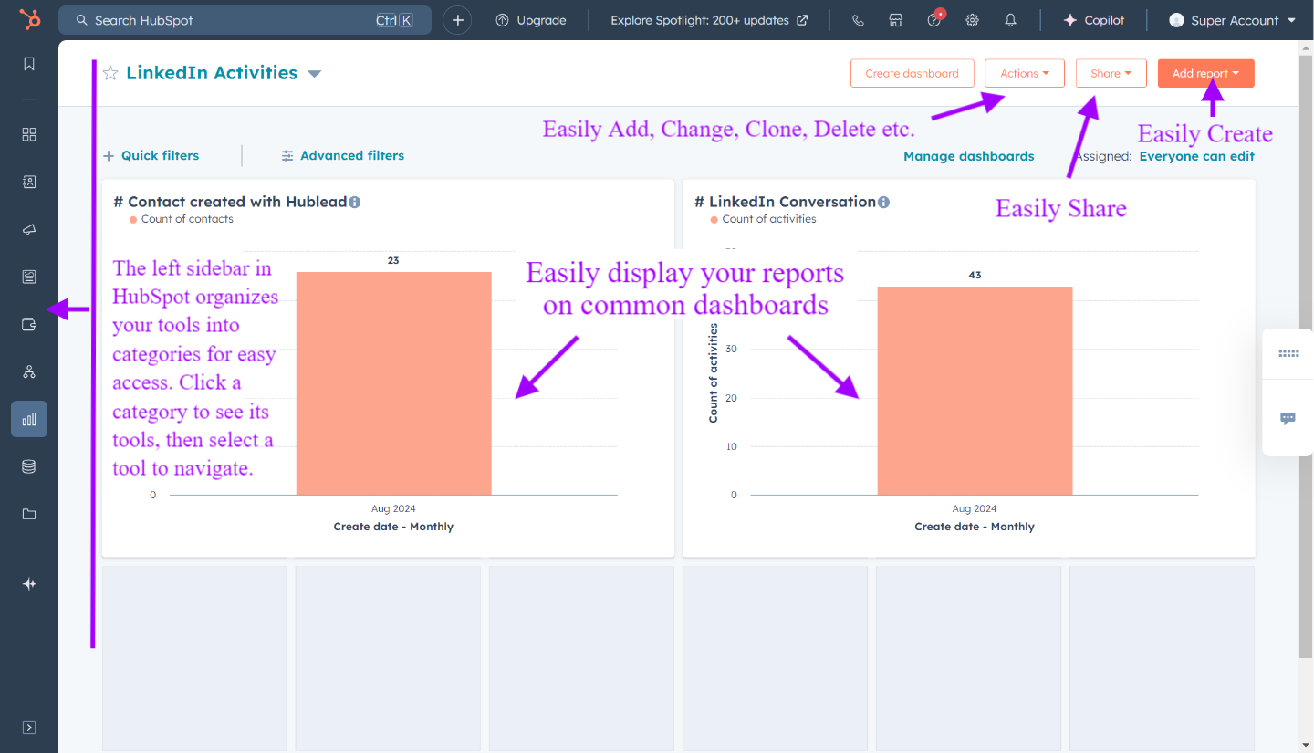 HubSpot as Easy and Intuitive Interface for sales and marketing teams | all the tools on the left sidebar for valuable insights using Hublead data for reports